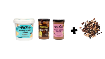 Three Mila Nuts products—a white tub and two glass jars—alongside a pile of mixed nuts on a black background.
