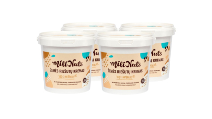 Four white plastic tubs labeled MilNuts peanut butter spread, beige label with teal accents, grouped together.